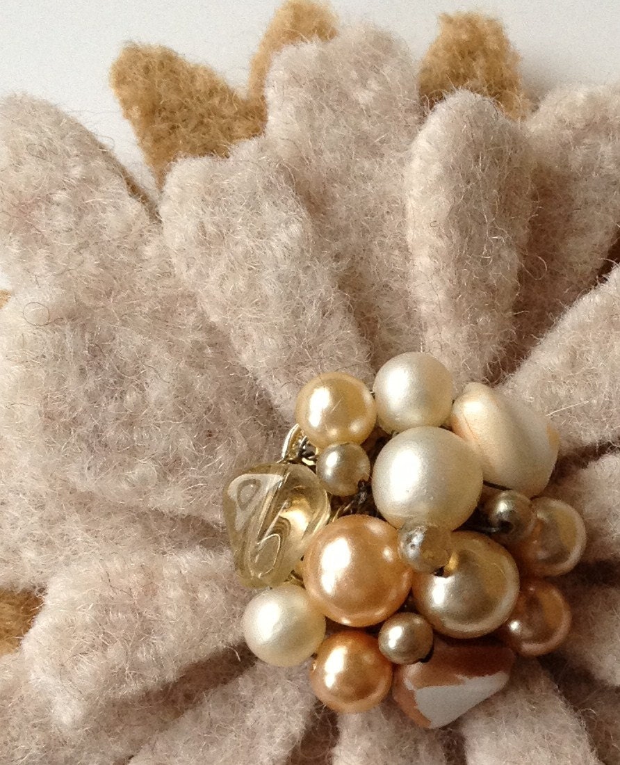 One Of A Kind - Repurposed Felted Wool Brooch -  Elegant Pearl Cluster Daisy