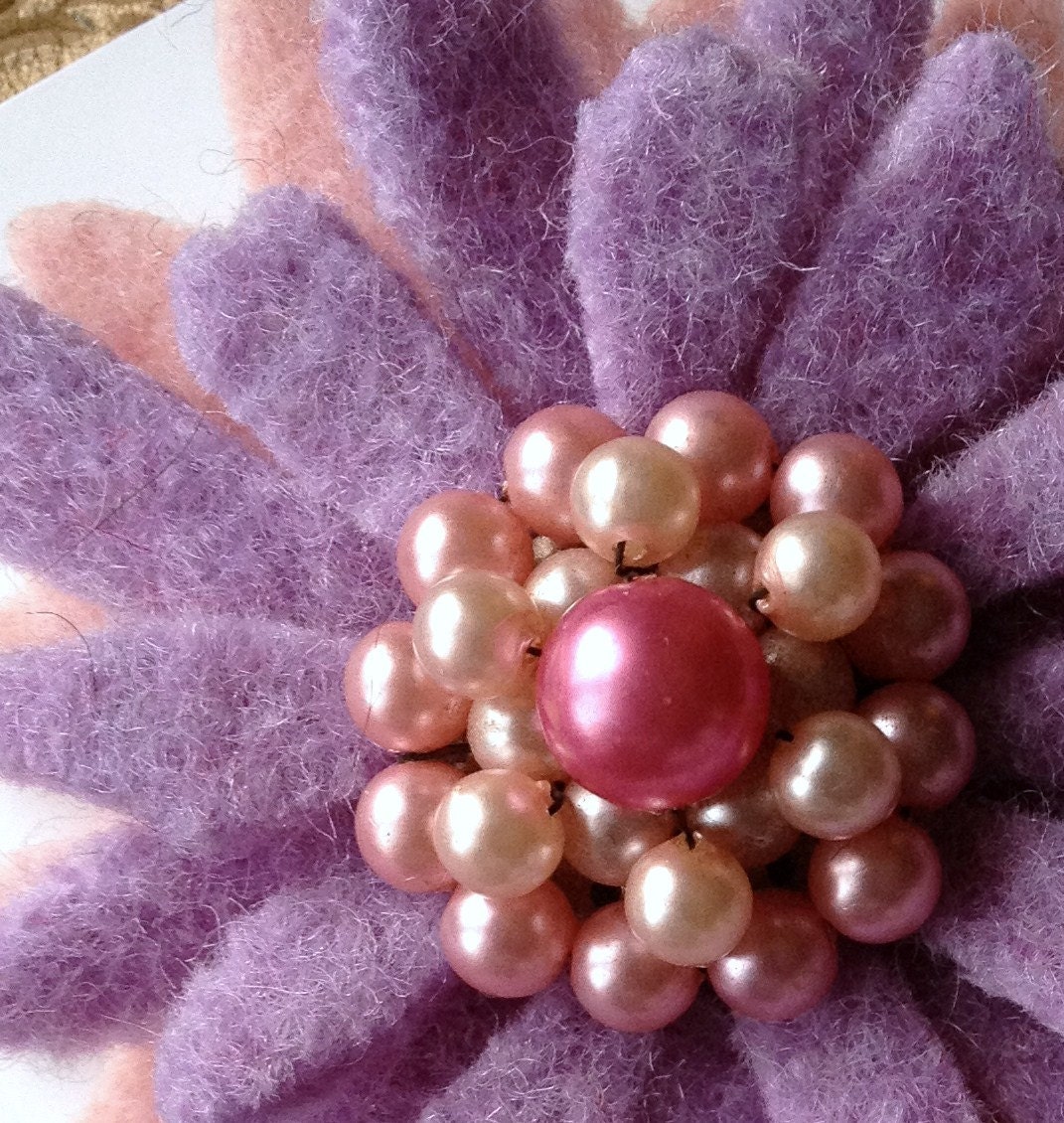 One Of A Kind - Repurposed Felted Wool Brooch -  Pink  & Lilac Easter Daisy