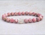 argentina rhodochrosite bracelet with sterling silver, round pink stones, unique artisan jewelry gift idea, stretch stack yoga style