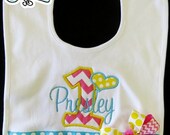 Spring Fling Bib for baby girls toddler- Initial Number Applique Custom design- Hot Pink Yellow Turquoise Polka Dot Bow