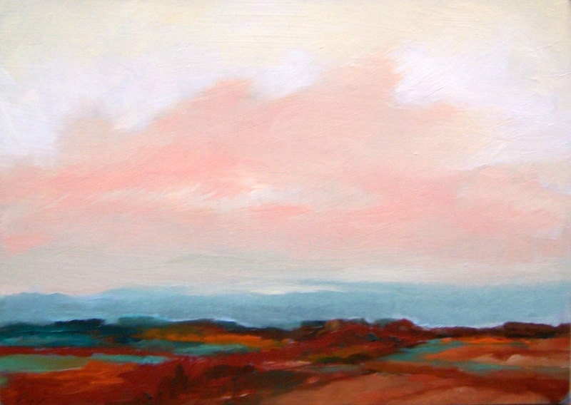 painting oil landscape original, PINK CLOUD 100% charity donation, 5"x7" painting,original landscape, art board, field, meadow