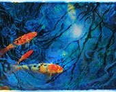 Moonlight swim, 11x17, Original, Fine Art photograph with drawing and paint, Koi, pond, water garden, moon reflection, blue art, original