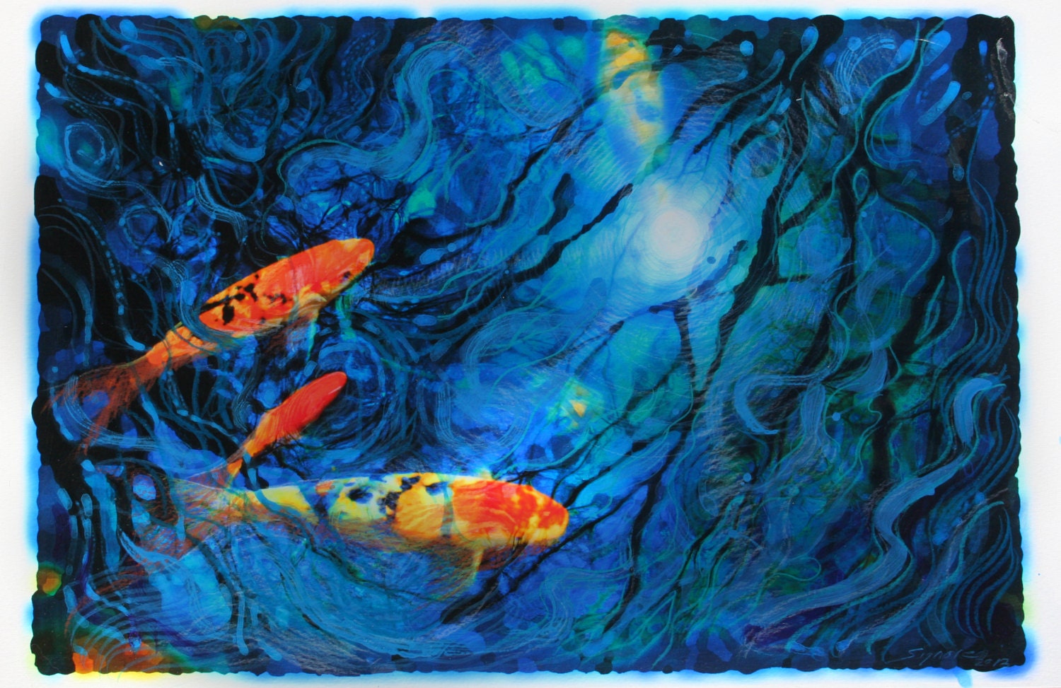 Moonlight swim, 11x17, Original, Fine Art photograph with drawing and paint, Koi, pond, water garden, moon reflection, blue art, original