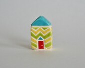 Chevron  little clay house yellow green red aqua blue zigzag miniature ceramic pottery home cottage