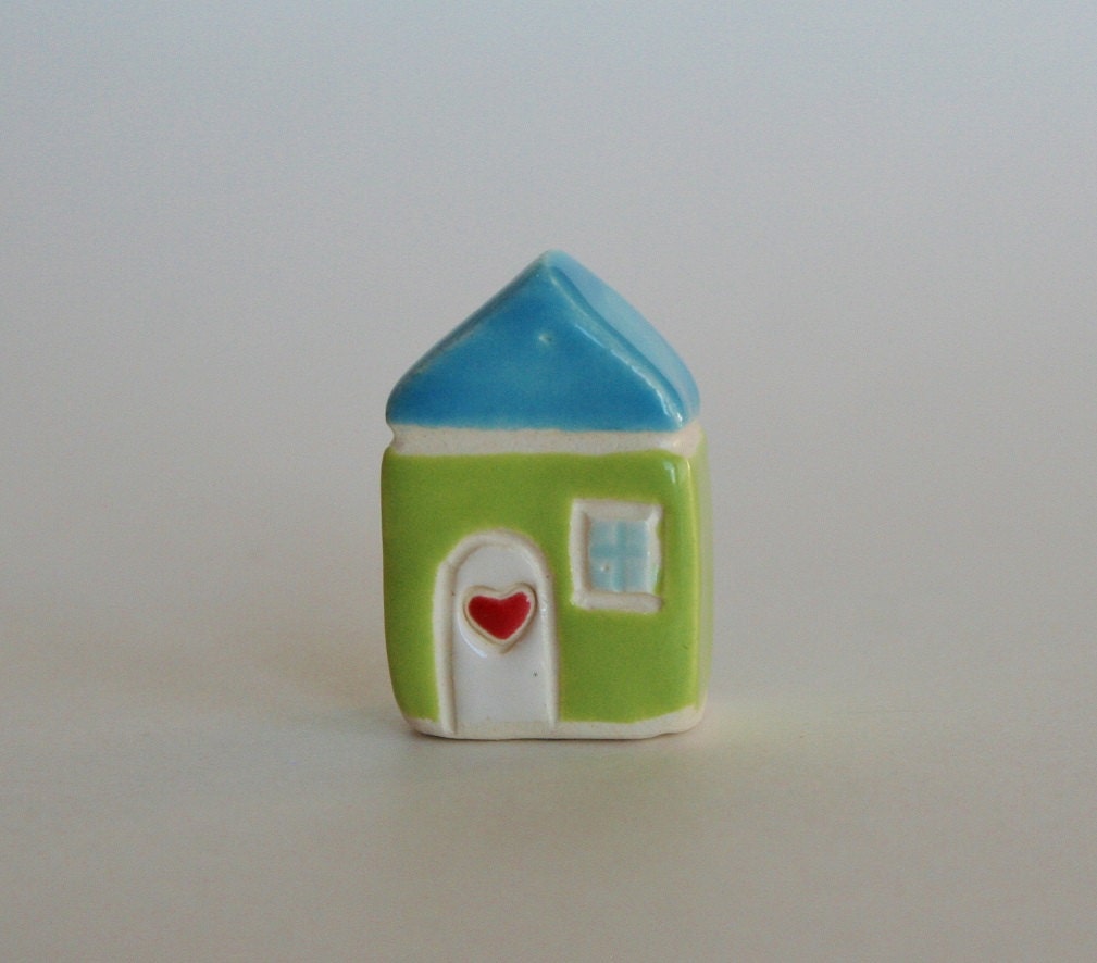Little House Happy Cottage blue green white Miniature Ceramic Clay
