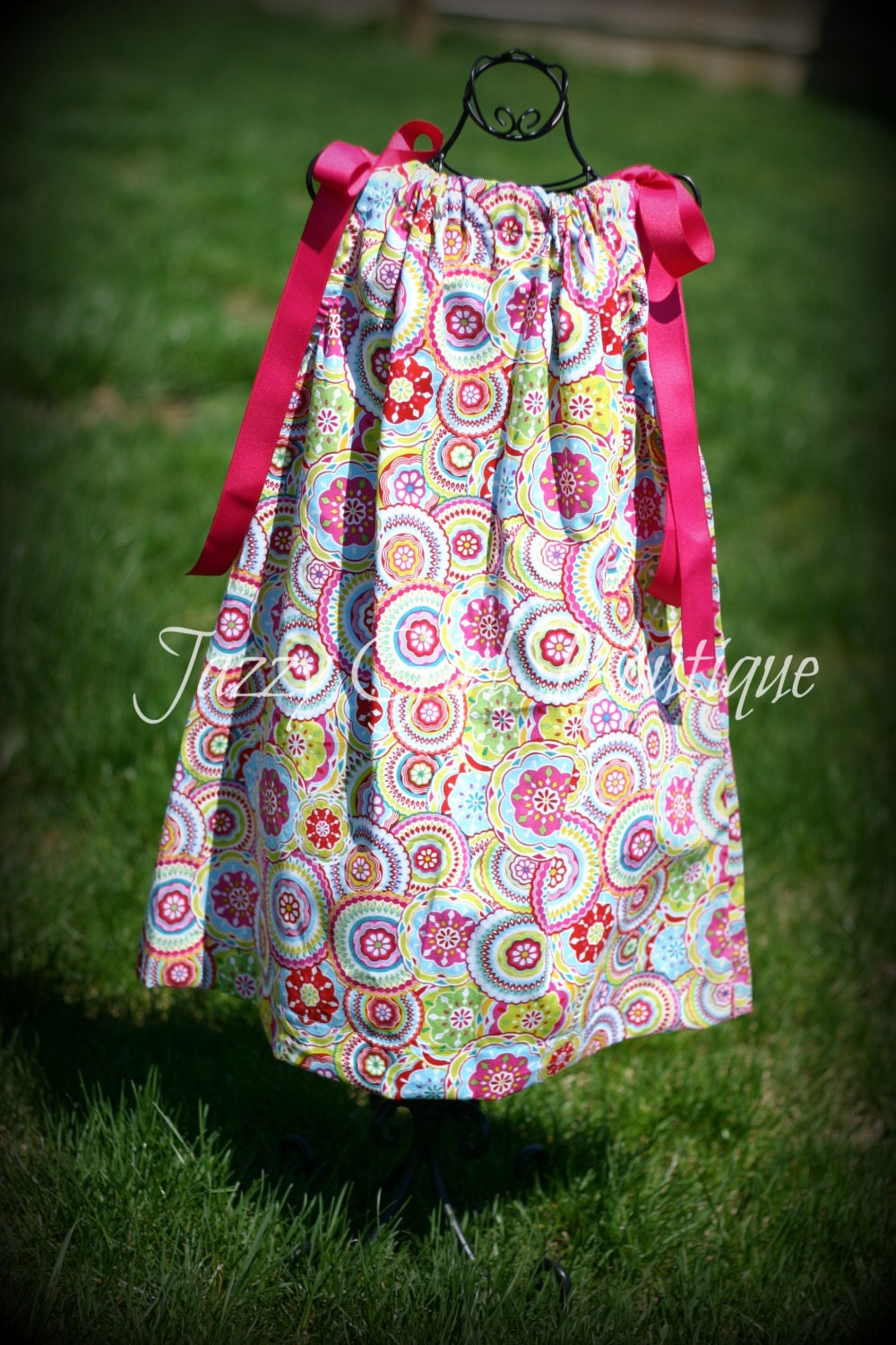 Girls Pillowcase Dress Bodilla Print with Fuschia Ribbon Ties Sz 6mo, 12mo, 18mo, 2T, 3T, 4T, 5 Sz 6, 7, 8 Three Dollars More