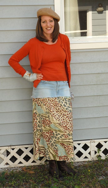 Size Juniors 11  FunKy recycled Denim skirt with Animal Print Fabric and sequin