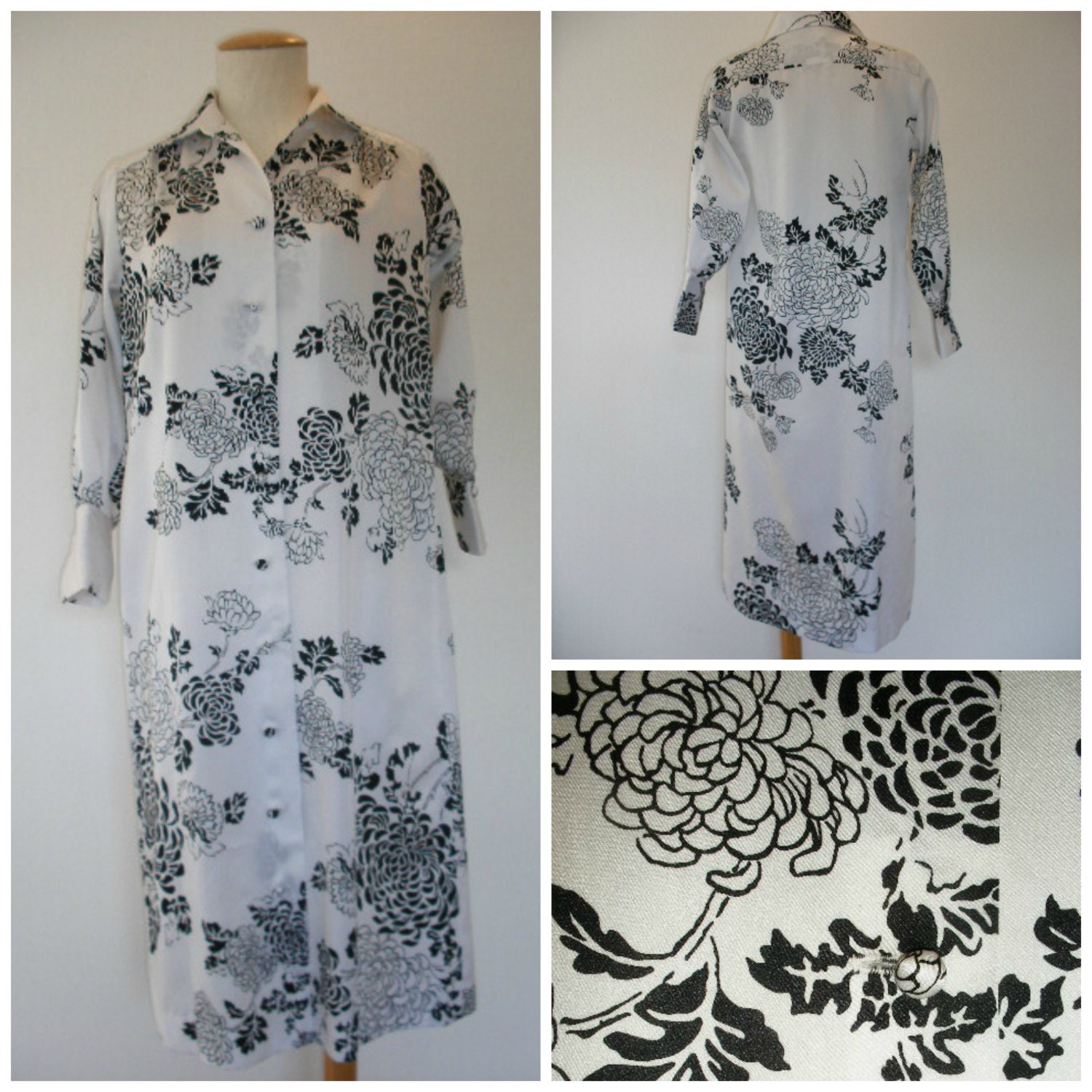 70s shirt dress by Liberty House, tropical black floral on silky white, curvy girl shirt dress.