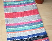 SCANDINAVIAN STYLE III -- Hand-woven rug or table runner with blue, salmon, pink, purple, gray, orange, black