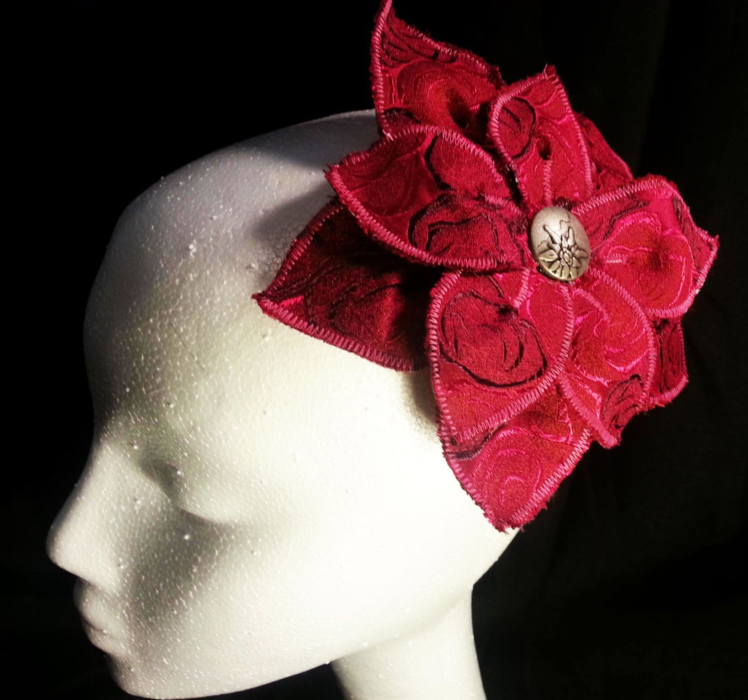Red Flower Fascinator - Repurposed Brooch - Unique Gift for Wife -