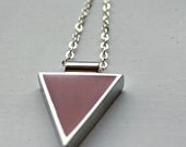 Pink Triangle Large Statement Necklace Tinted Colored Resin in Silver Bezel with Gift Box