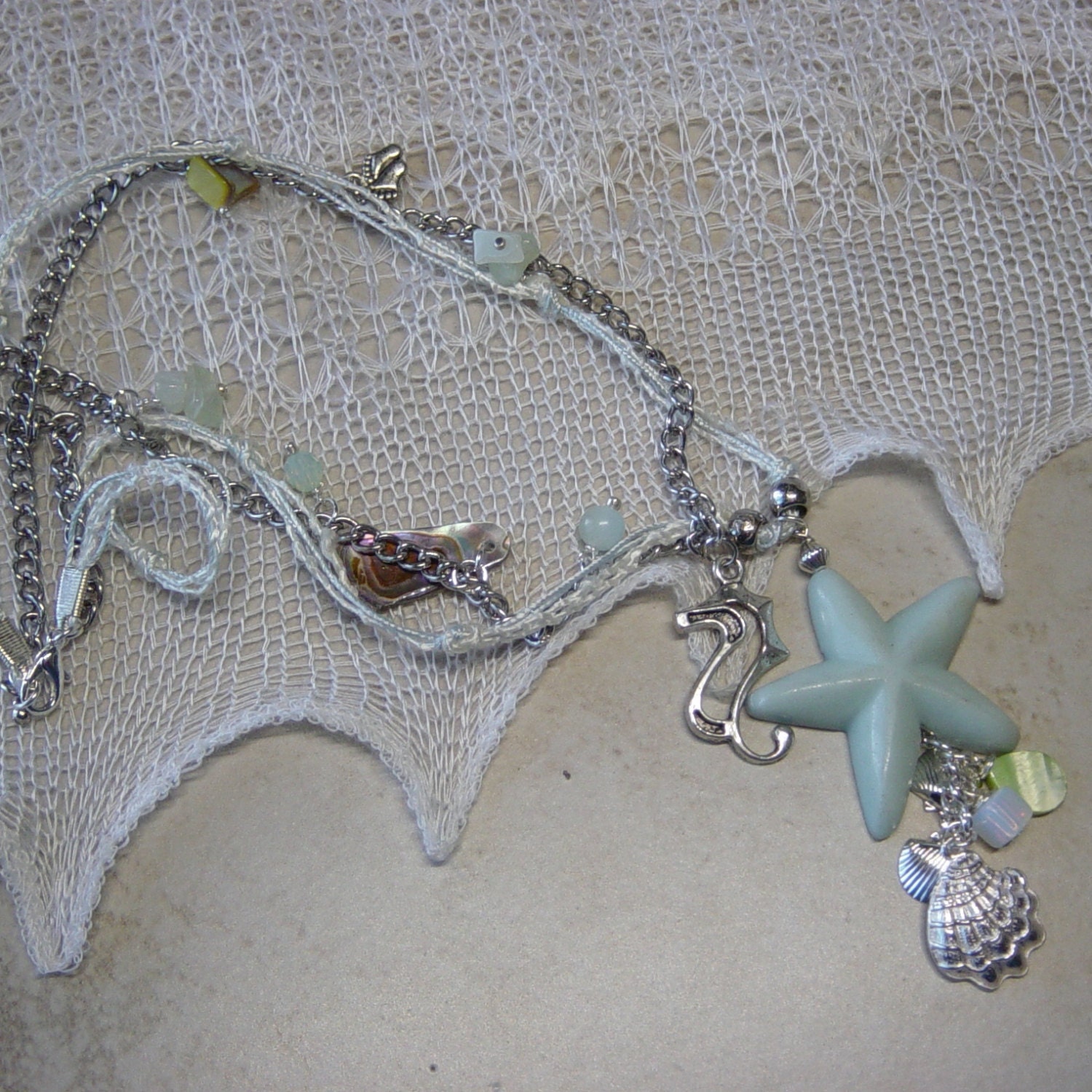 Aqua Stone Starfish Silver Mixed Media  Beaded Necklace with Seashore Charms