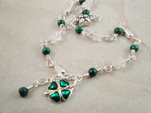 Anklet. Moonstone and malachite. Shamrock charm. Sterling beads. Green and white. Adjustable. Spring and Summer
