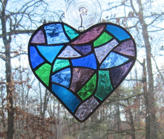 Stained Glass Abstract  Heart in Blues, Purples, & Greens