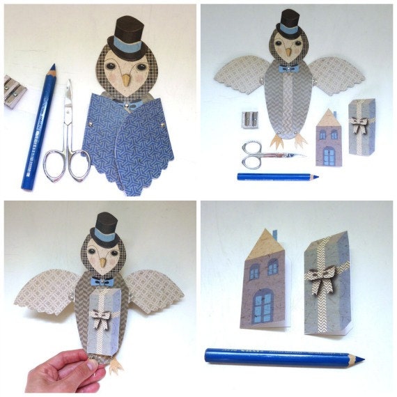 DIY Owl Home Housewarming Fold Out Wing Card Gray, Blue Home, Gift Box, Top Hat, Cute Animals