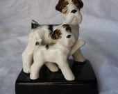 Sweet Dogs Seek Good Home - Puppy Terrier Schnauzer Figurine Pair - Vintage Porcelain Ceramic Statue - White Brown Black - 5" Length
