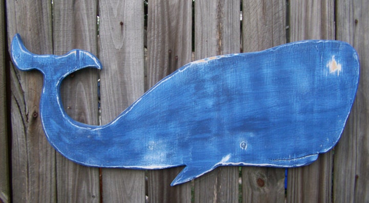 Wooden Whale 30 inches Distressed in Nautical Blues Coastal and Nautical Decor