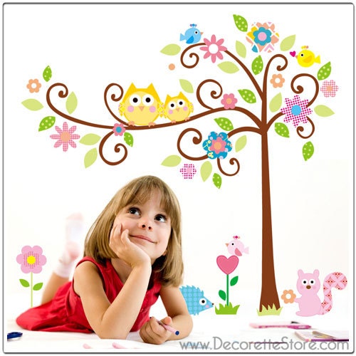 Owl Floral Scroll Tree - Extra Large Decal Sticker 82" x 67" (210cm x 170cm)
