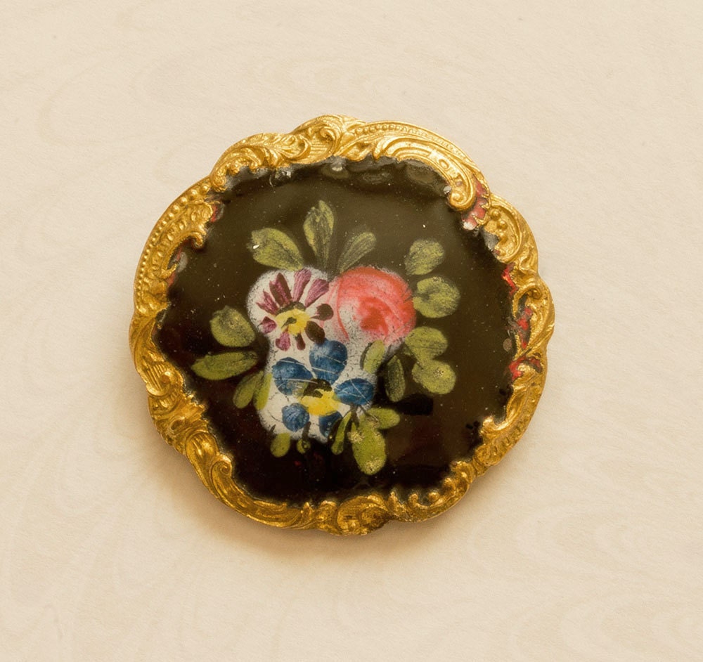 Antique Large Paris Back Button Champleve Enamel - Emaux Peints - Victorian 1850's