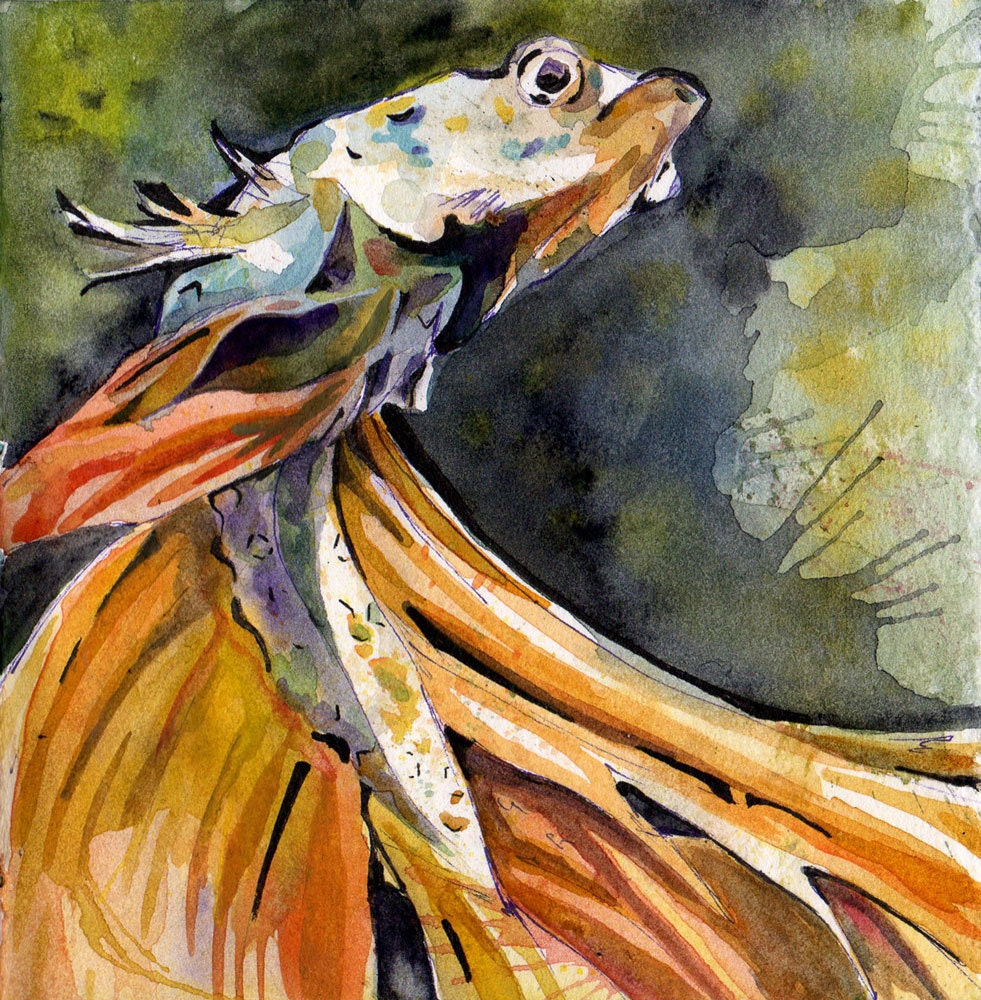 Painting of Yellow Betta Fish - Original Watercolor on Paper Art by Jen Tracy