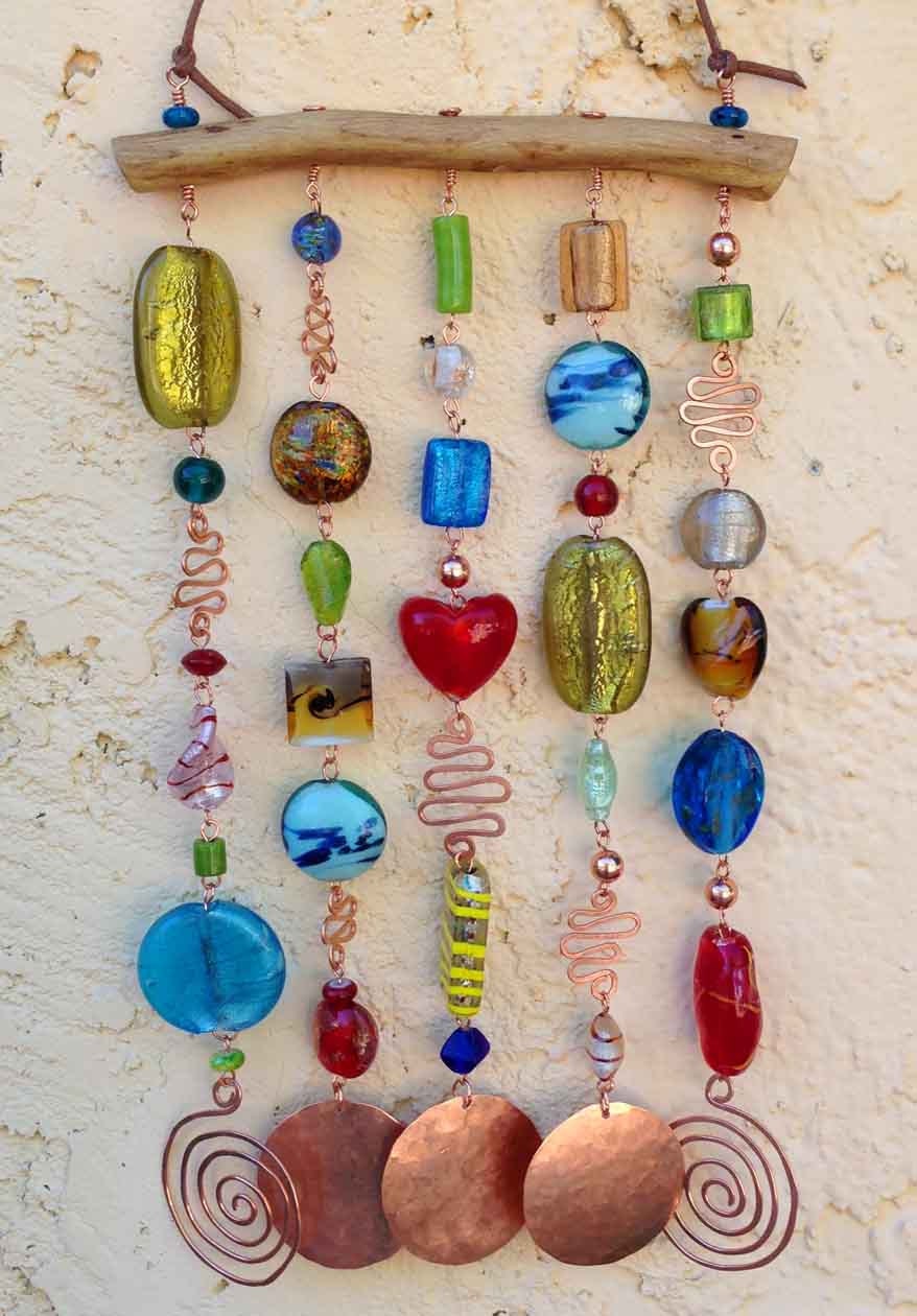 Glass Beaded Wind Chime - ( Windchime ) Suncatcher on Mesquite with Hammered Copper -- Bohemian