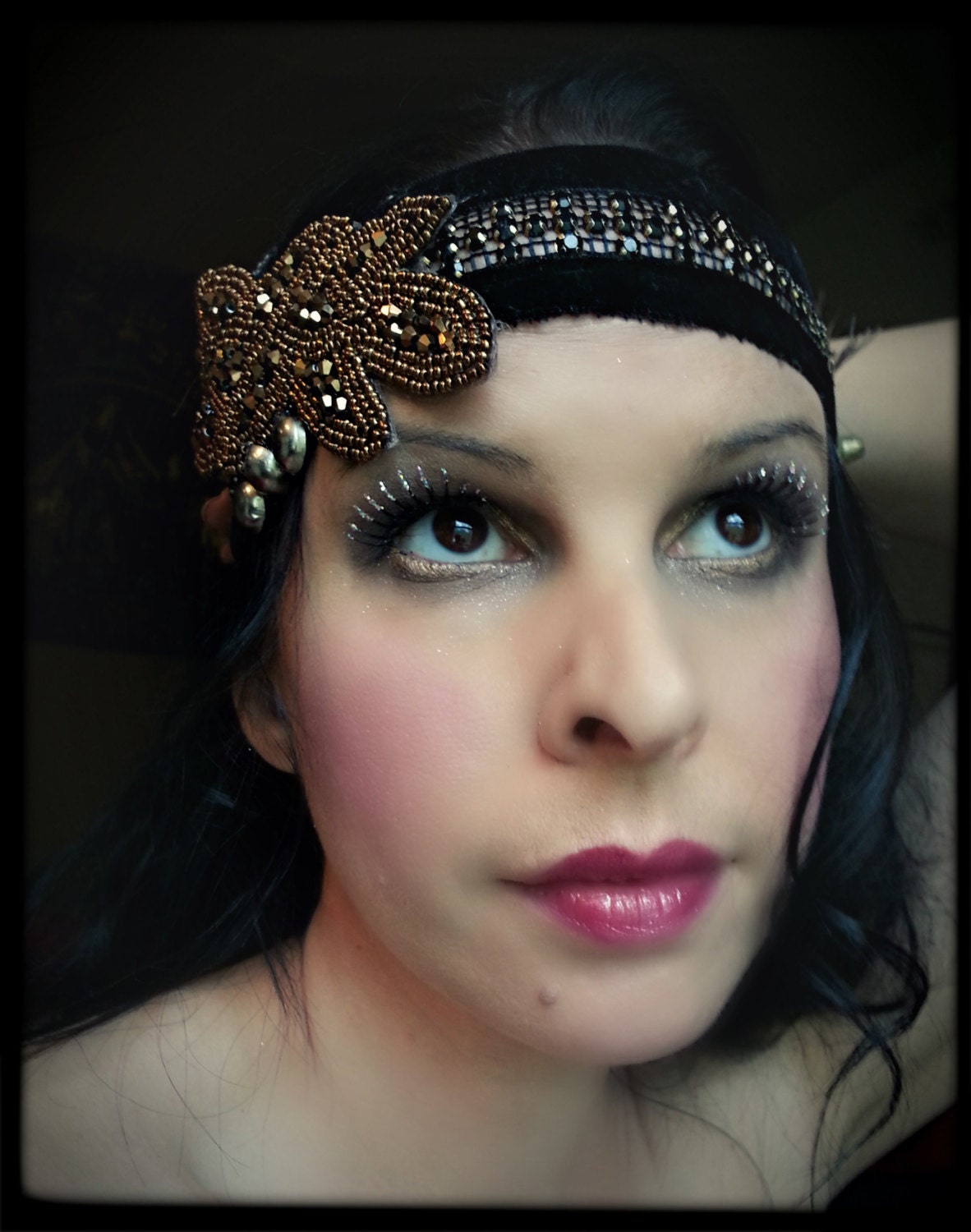 Flapper Deco Headband with Brass Sheen Beaded Frontlet, Turkoman Buttons and Afghani Coin Cluster - Small