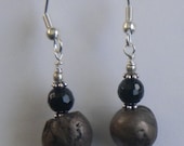 Bronze and Copper Metal Clay Dangle Earrings With Black Spinel.