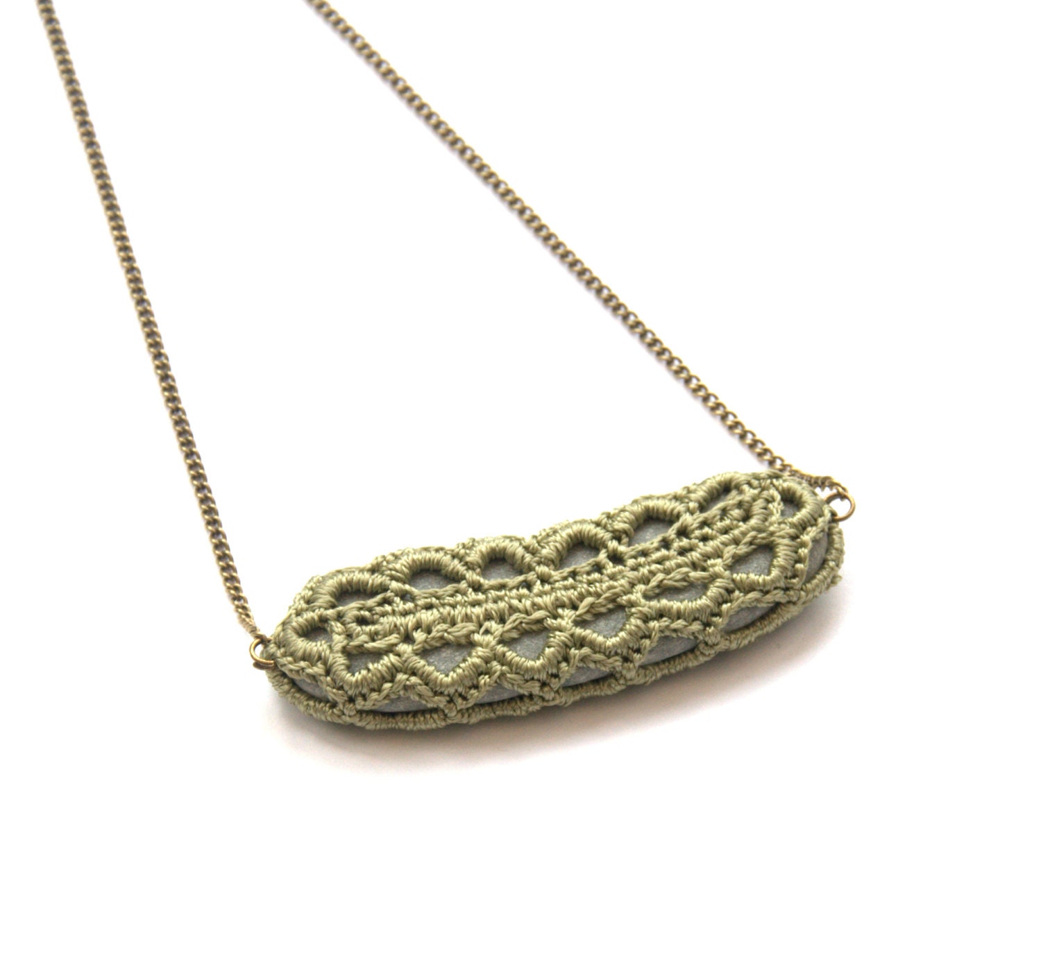 Lace stone necklace long jewelry Boho ooak crochet two-sided pendant gray pale sage green bronze chain spring beach Birthday gift