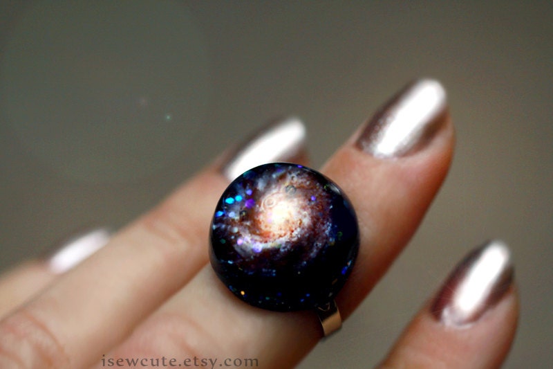 Galaxy ring, Hubble M101 spiral galaxy Stardust Ring Unique Resin Space Explorer Hubble Jewelry Out of this World Fashion Statement