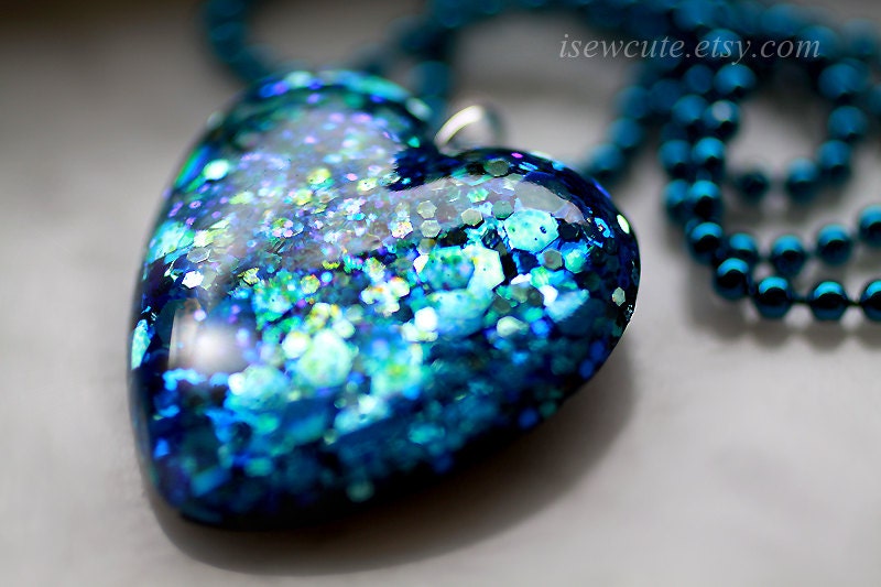 Aquamarine Navy Blue Resin Glitter Heart Pendant Necklace - cute resin jewelry for her - chain included - handcrafted by isewcute