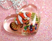 Clown Fish in Heart Shape Bowl Necklace Handmade from Clear Resin & Sprinkles...  by isewcute