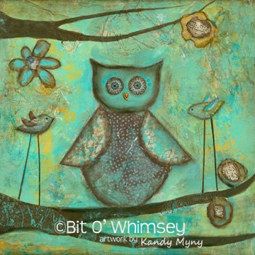 Owl and friends...8 x 8....print from my original mixed media collage and painting by Kandy Myny Owl and birds on a Branch