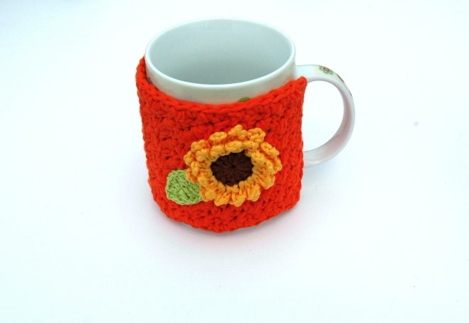 Crochet Cup Tea Coffee Mug Orange Cosy with Sunflower