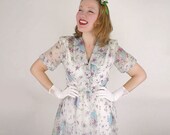 SALE 50s Sheer Nylon Flower Bouquet Full Skirt Dress - a Sweetheart M