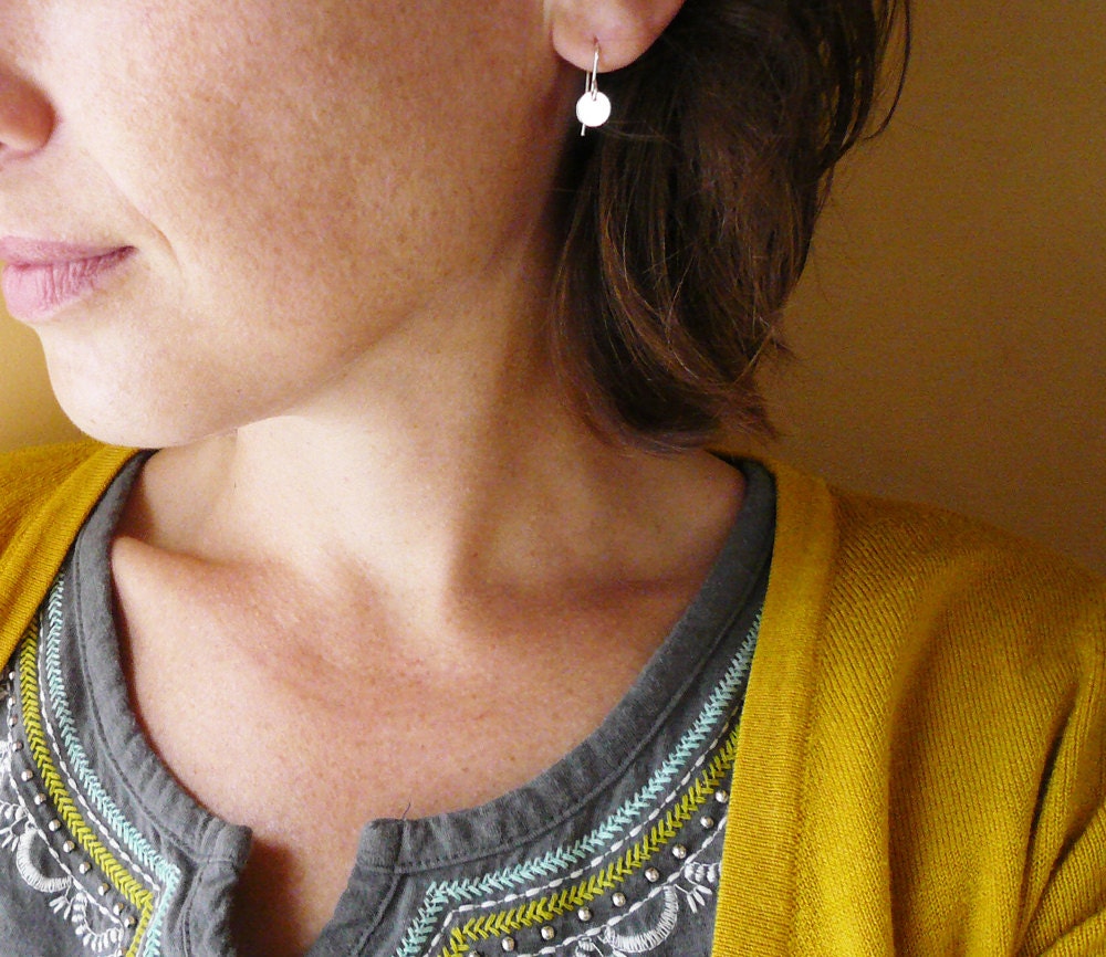 Tiny Silver Dot Circle Drop Earrings in Sterling Silver - Dainty Everyday Sterling Silver Earrings