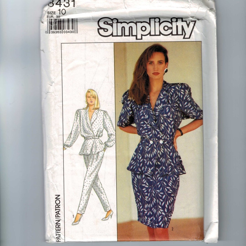 1980s Vintage Sewing Pattern Simplicity 8431 Misses Peplum Top Skirt Pants Bust 32 1/2 Waist 25 1987 80s UNCUT