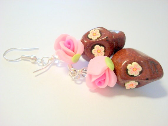 Pink and Brown Day of the Dead Roses and Sugar Skull Earrings