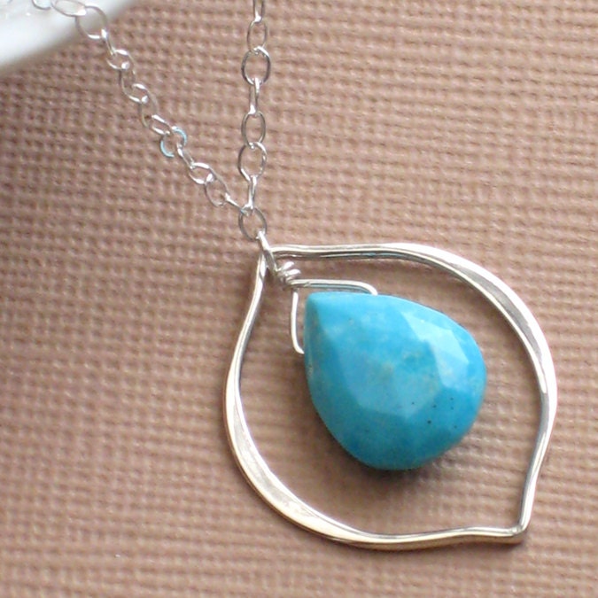 Turquoise & Petal Link Necklace, Silver and Blue, Bridesmaid gift, Spring Wedding, Feminine Jewelry, December Birthday