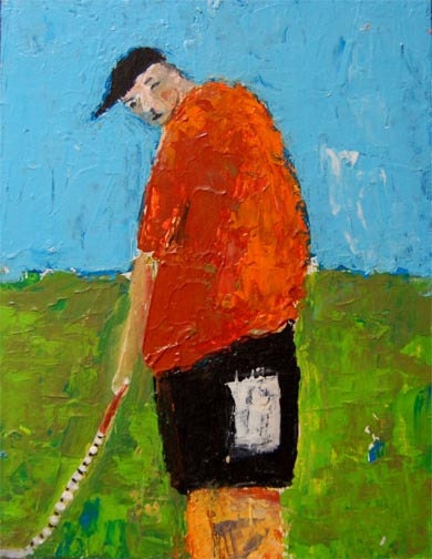 Acrylic Palette Knife Painting 8.5x11 Got His Eye On The Ball - Original Portrait man, golf club, blue sky, orange, black, green golf course