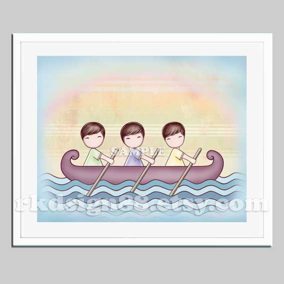 Baby boy nursery art, nursery decor, kids art, child print, boy decor brown hair three brothers triple best friends row boat, Stronger 8x10