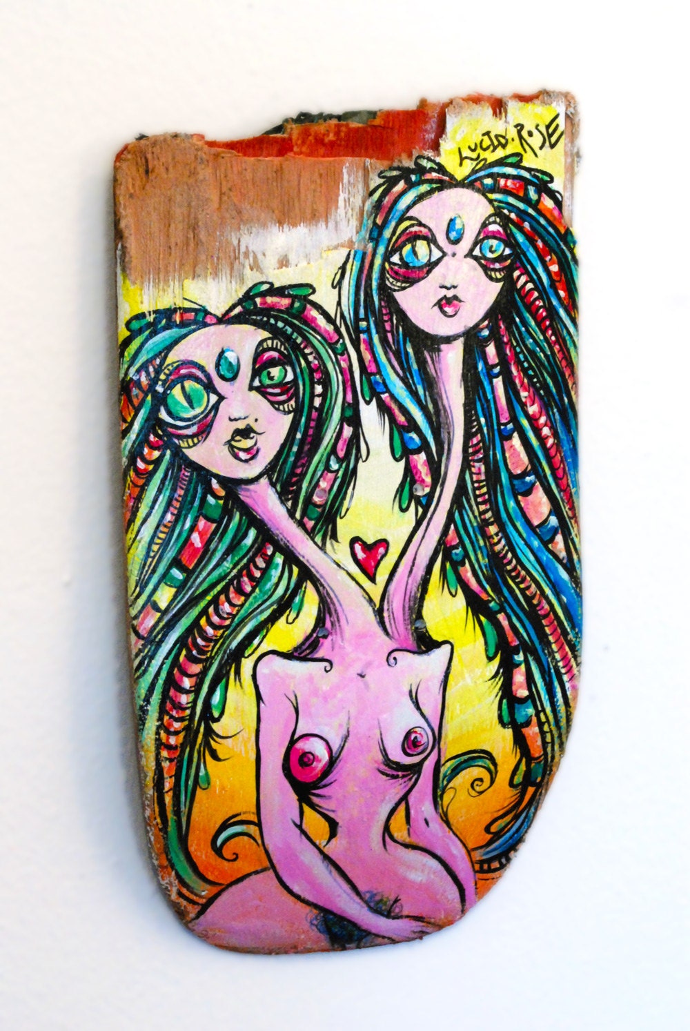 Divine Duo acrylic painting on broken skateboard deck
