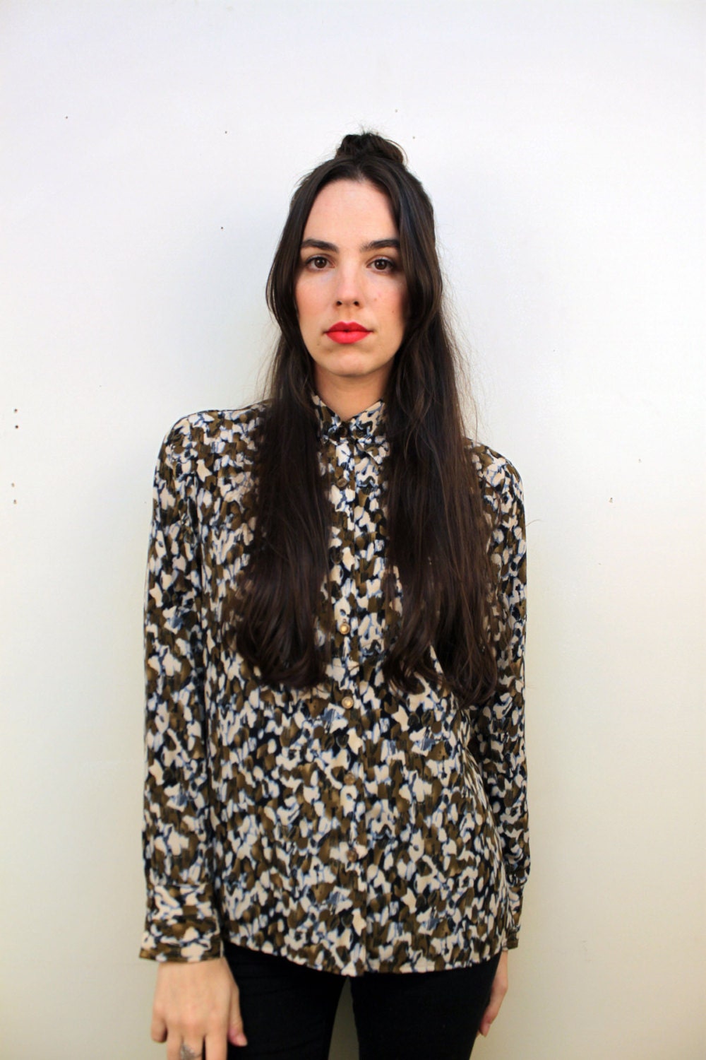 1980s Brown Floral Button Up Shirt Size S