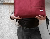 Mens Laptop Bag or Womens Briefcase - Vegan Suede Lightweight Backpack in Burgundy Red