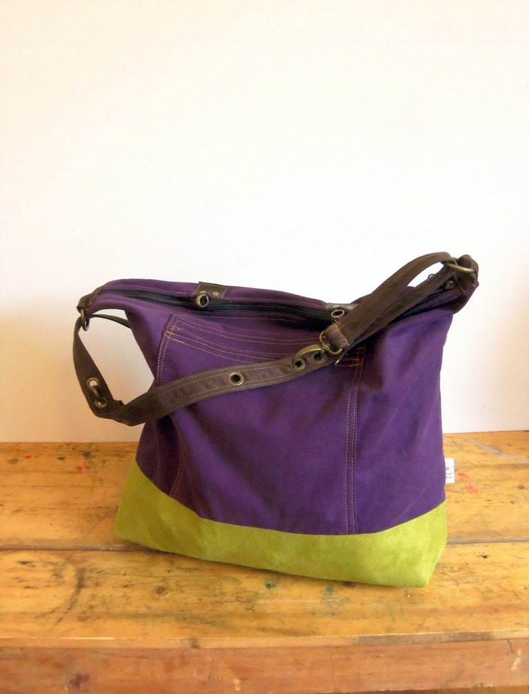 Vegan Laptop backpack / sholder bag / handbag / cross body bag in Dark PURPLE with avocado green vegan Suede