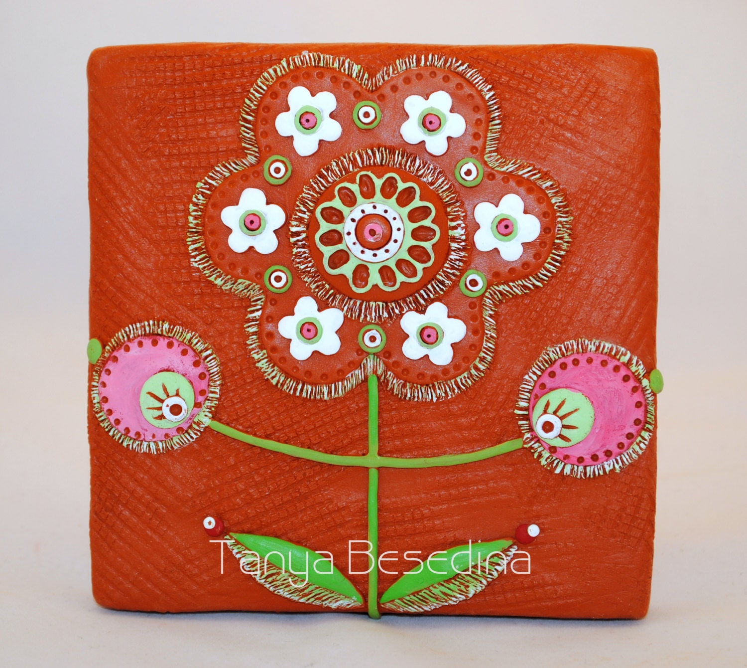 Fantasy Folk Flower Bloom N.7 Clay Tile relief by Tanya Besedina