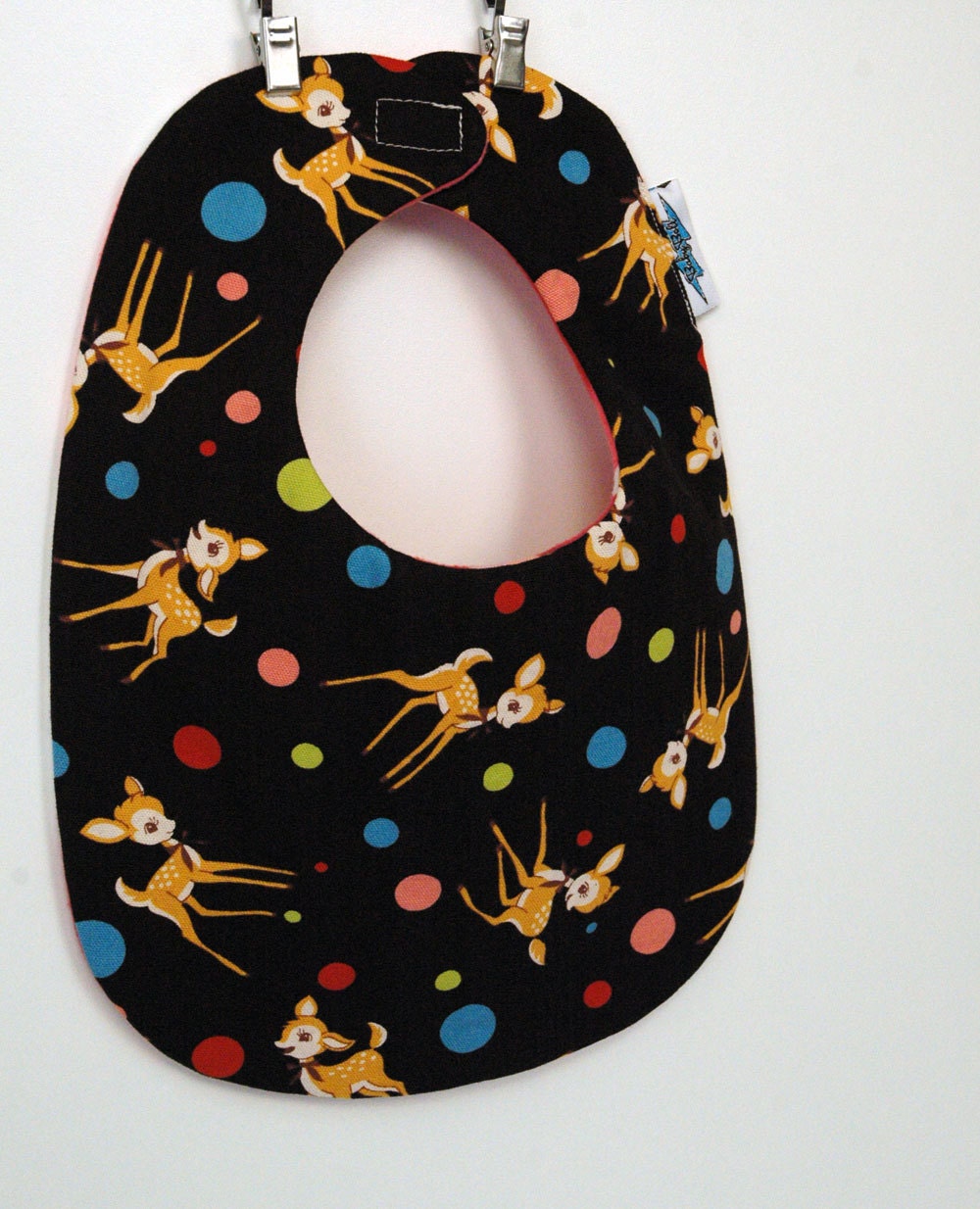 Baby Bib Bambi-like Deer and Dots on Black Mod Pink Stripes