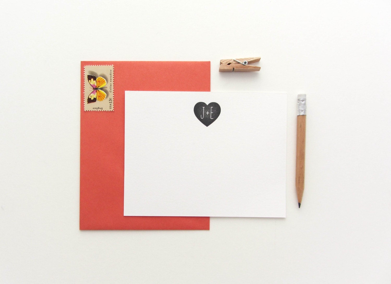 Monogram Heart Letterpress Stationery - Custom set of 35 note cards