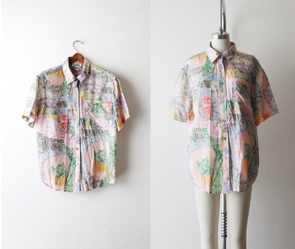 1990's Sheer Pastel Abstract Short Sleeves Shirt
