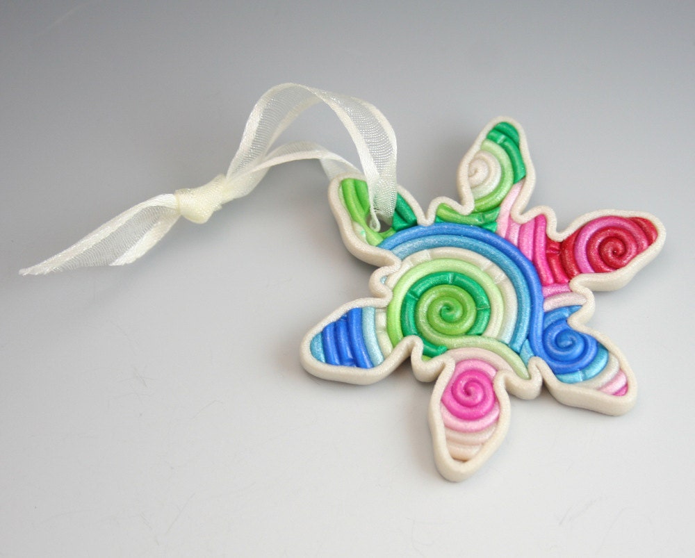 SALE Snowflake Christmas Ornament in Red, Pink, Green, Blue Polymer Clay