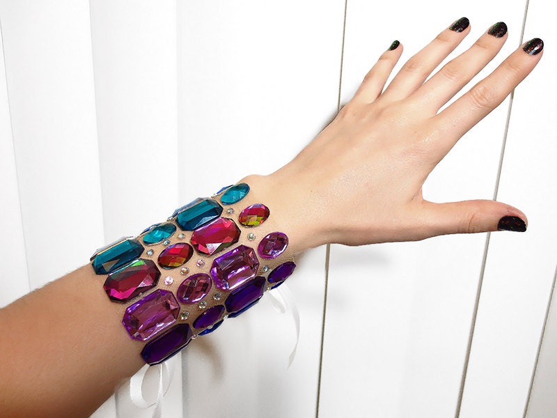 Colorful Floating Rhinestone Cuff Bracelet, Unique Vitrail Rainbow Jewellery, Burlesque Fashion Statement